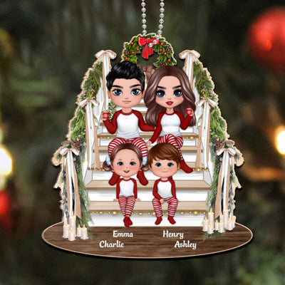 Doll Family Sitting On Christmas Stair Personalized Wooden Ornament