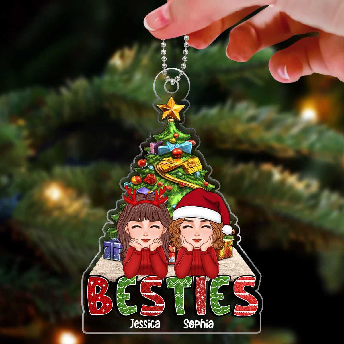 Doll Besties Sisters Chin On Hands Under Christmas Tree Personalized Acrylic Ornament