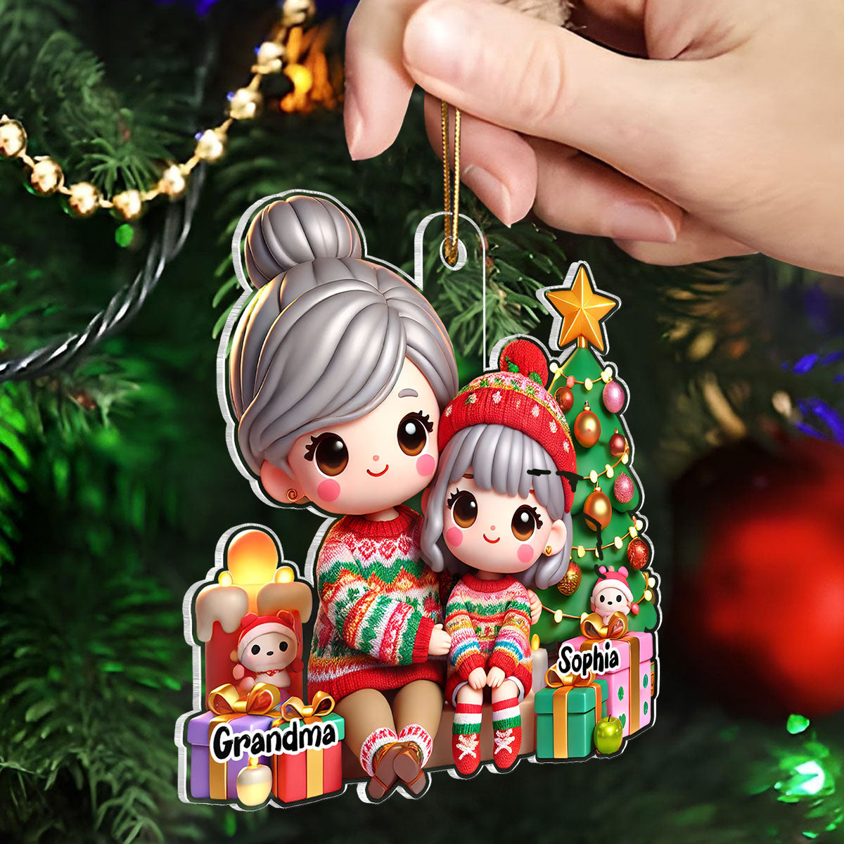 Cute Grandma Grandkid Christmas Tree And Gifts Personalized Acrylic Ornament