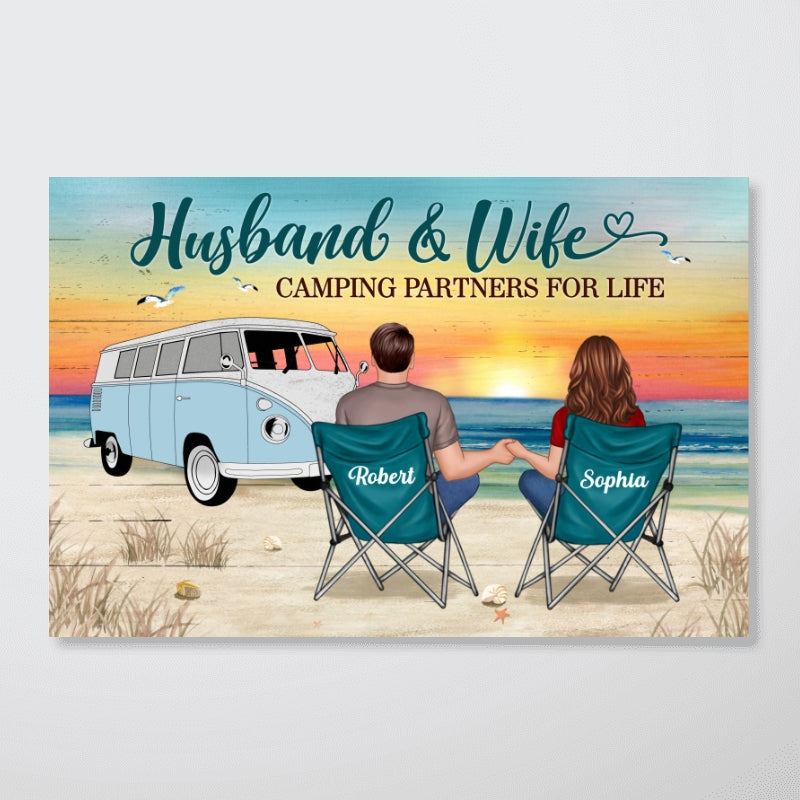 Back View Couple Camping Beach Landscape Personalized Horizontal Poster