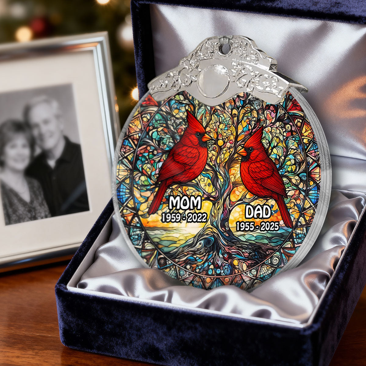 Tree Of Life Cardinal Mom Dad Stained Glass Effect - Personalized Glass Ornament With Silver Cap - Christmas Memorial Keepsake For Family