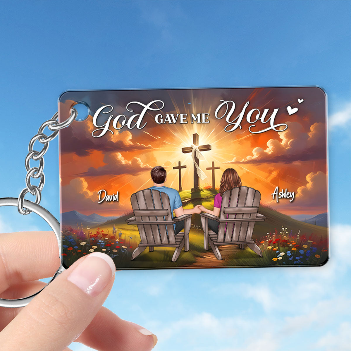 Cross God Gave Me You Couple Sitting Personalized Keychain, Anniversary Gift For Him, Her