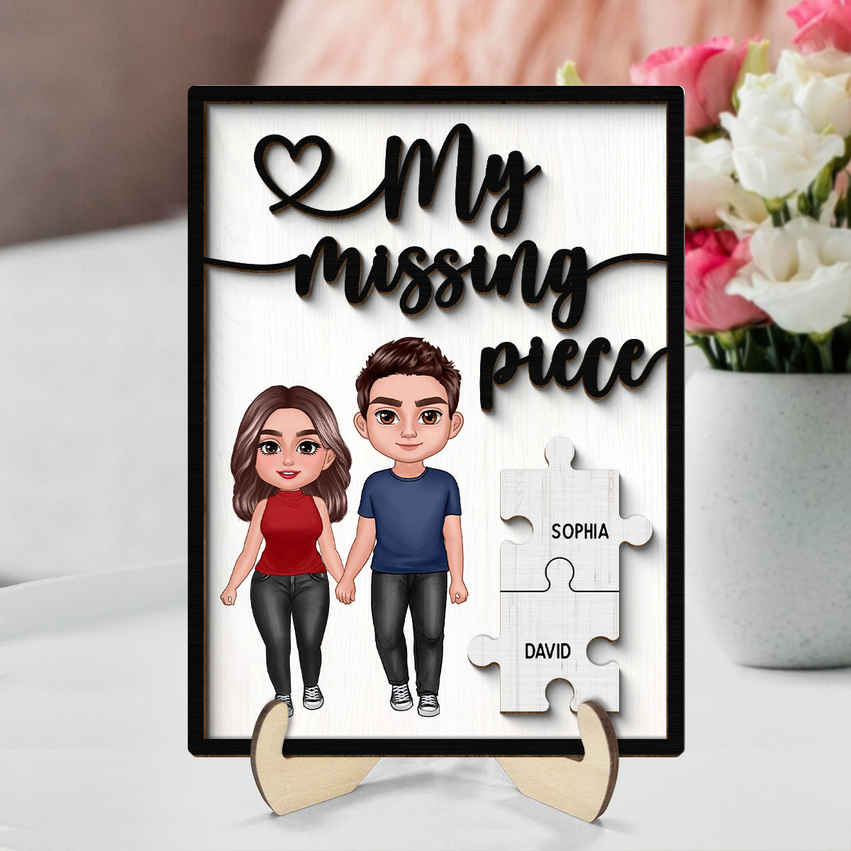 My Missing Piece Couple Standing Holding Hands Valentine‘s Day Gift For Her Gift For Him Personalized 2-Layer Wooden Plaque