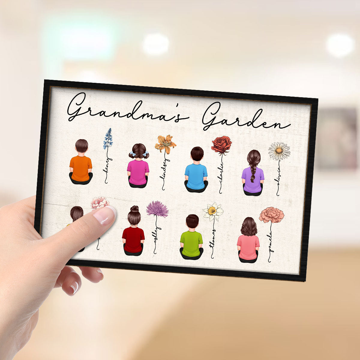 Grandkids Sitting Grandma Garden Vintage Birth Month Flowers Mother‘s Day Gift Personalized 2-Layer Wooden Plaque