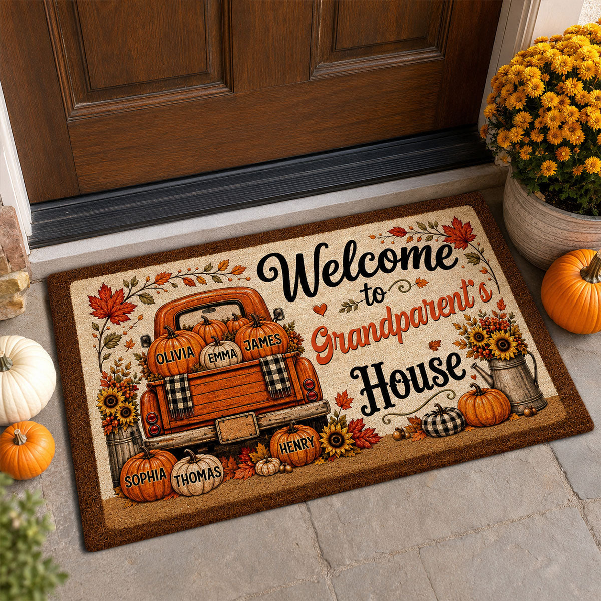 Floral Pumpkin Patch Truck Grandparent - Personalized Doormat - Fall Season Decor Gift, Gift For Grandma Grandpa