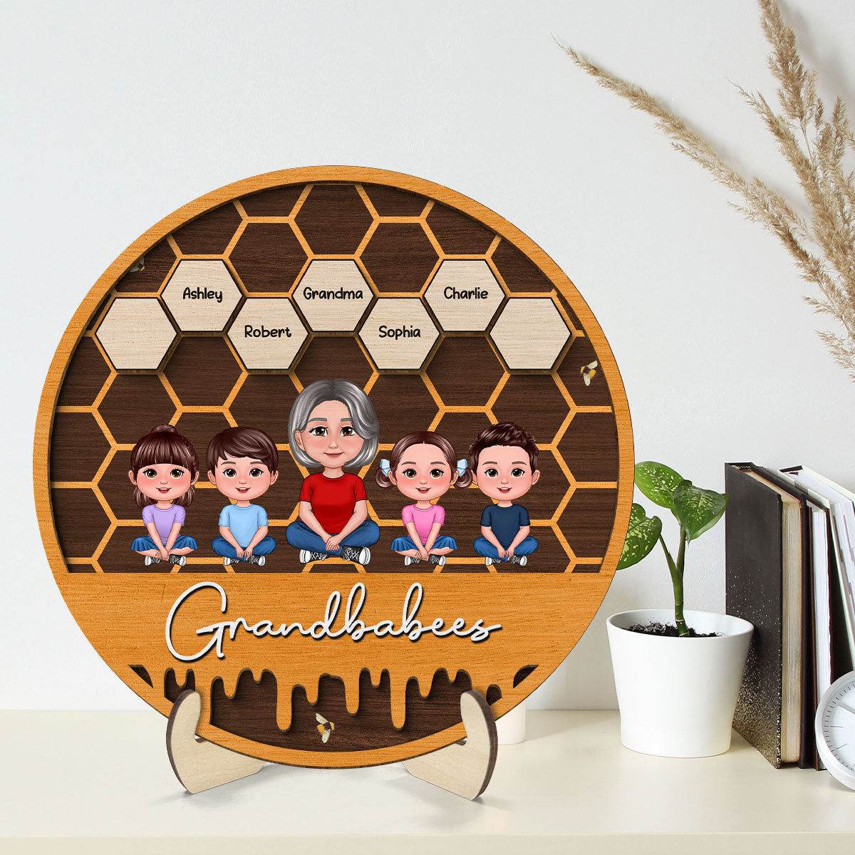 Grandbabees Crossed Legs Grandma Grandkids Sitting Personalized 2-layer Wooden Plaque, Gift For Grandma