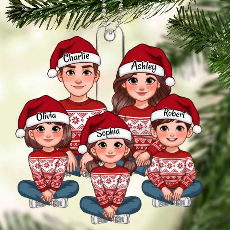 Animated Family Sitting Together Christmas Personalized Acrylic Ornament