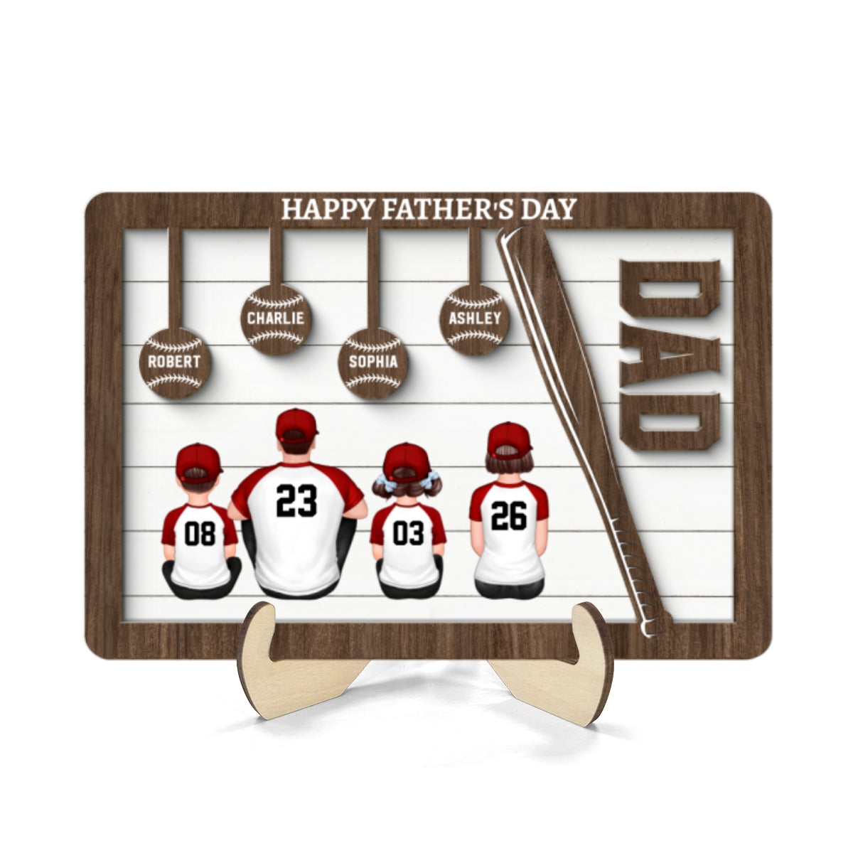 Baseball Dad And Kids Sitting Back View Personalized 2-Layer Wooden Plaque