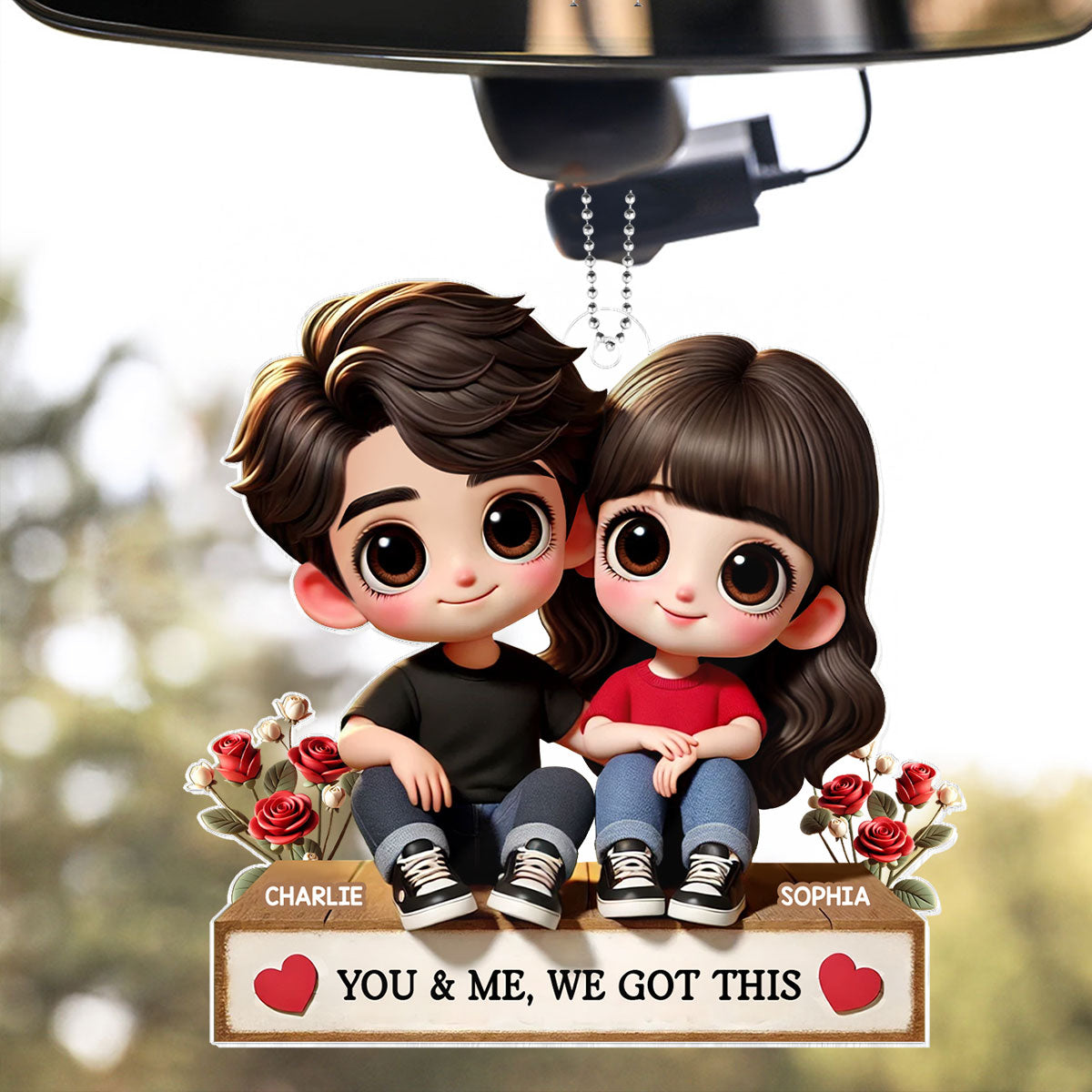 3D Effect Cartoon Couple Sitting Next To Each Other Personalized Acrylic Car Hanger, Anniversary  Gift for him, Gift for her