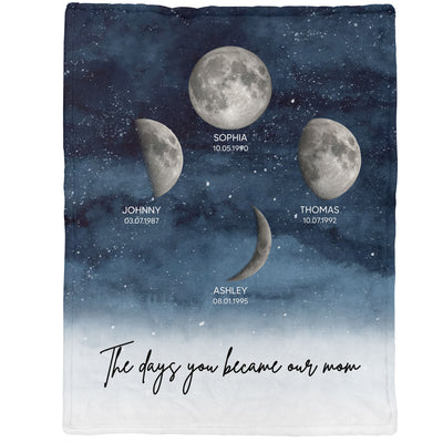 Starry Night Custom Birthday Moon Phase The Day You Became Mom Personalized Blanket, Gift
