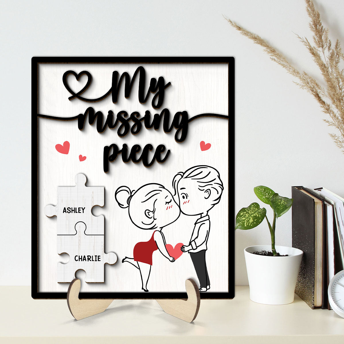 My Missing Piece Line Art Couple Valentine‘s Day Gift For Her Gift For Him Personalized 2-Layer Wooden Plaque