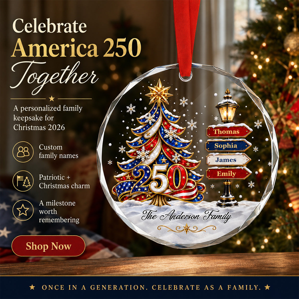 America 250 Family Tree - Personalized Glass Ornament