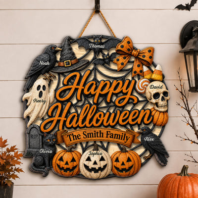 Halloween Wreath Ghost Pumpkin - Personalized Wood Sign - Happy Halloween Sign for Porch Window Door