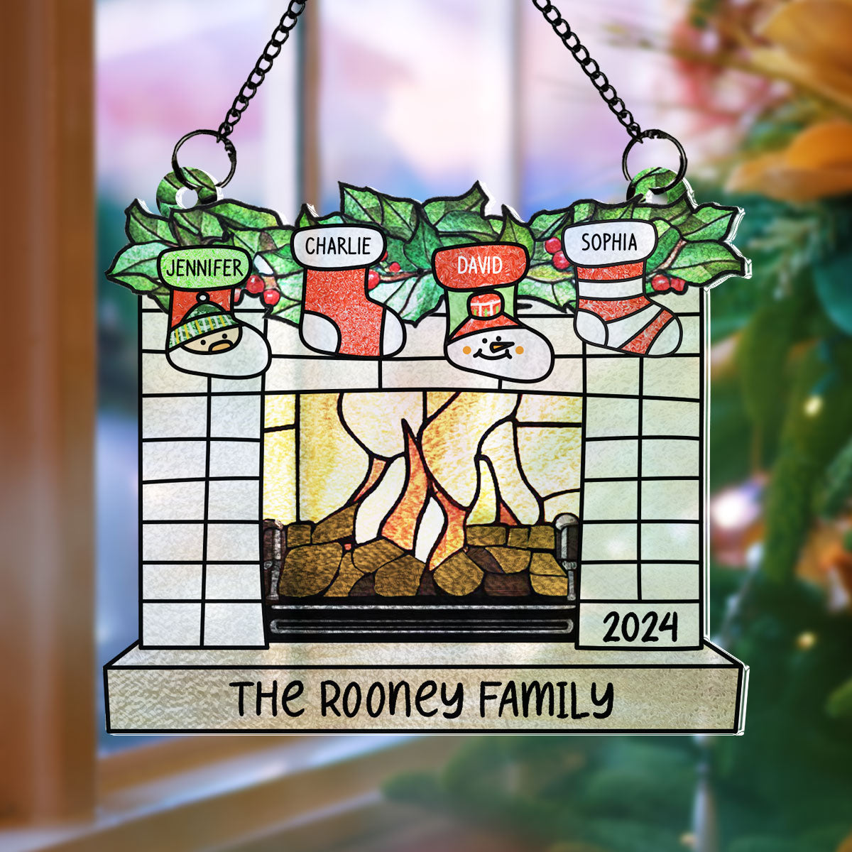 Family Christmas Stockings on Fireplace Personalized Suncatcher, Christmas Stained Glass Decor