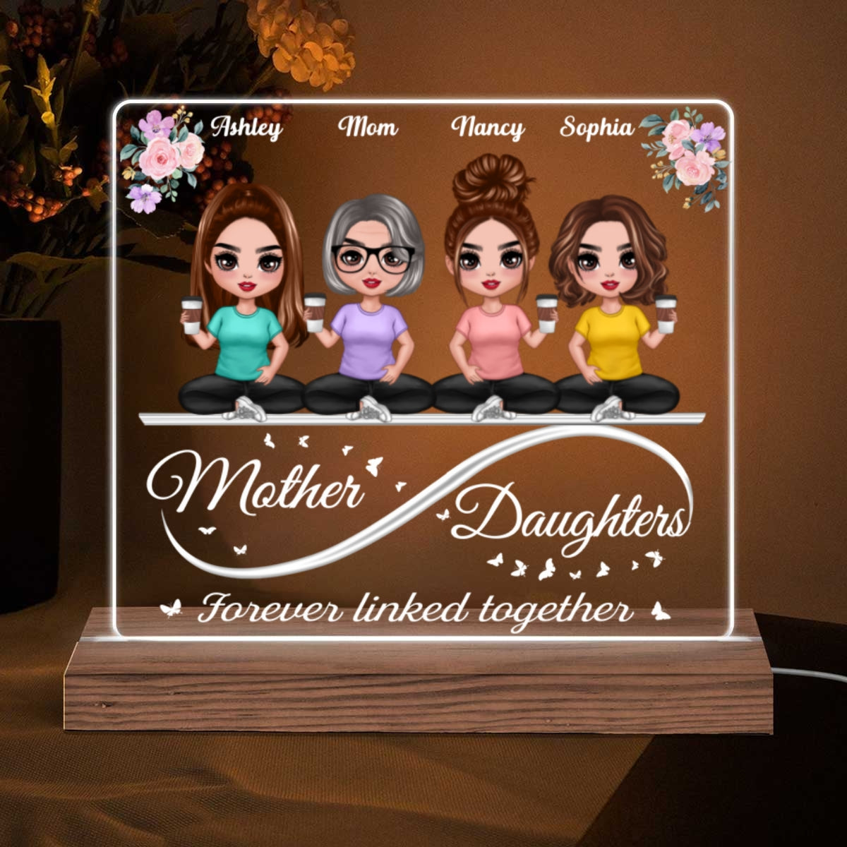 Doll Mother Daughters Sitting On Infinity Personalized Acrylic Custom Shape LED Night Light