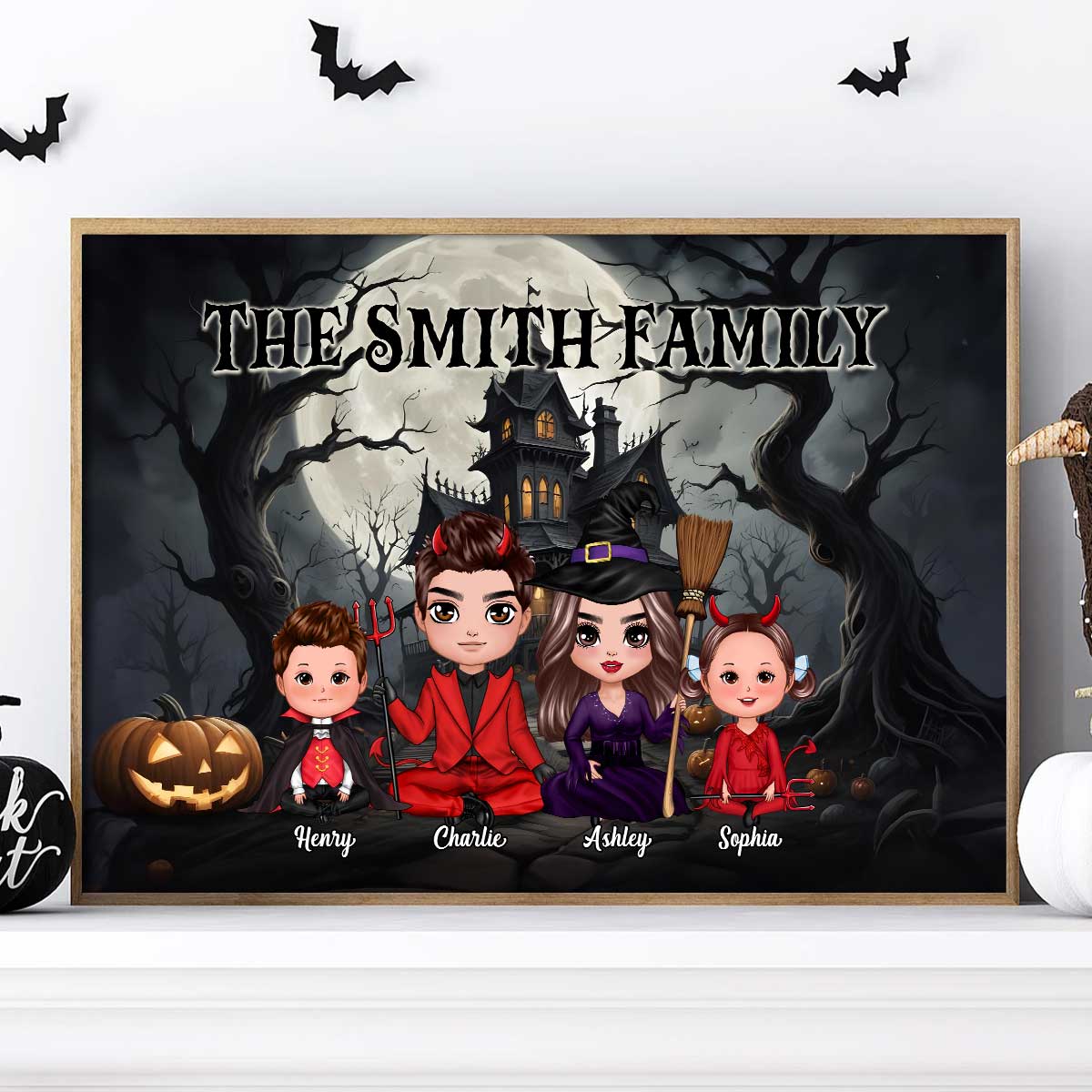 Halloween Family Sitting Vintage Background Personalized Poster - The Perfect Halloween Family Gift