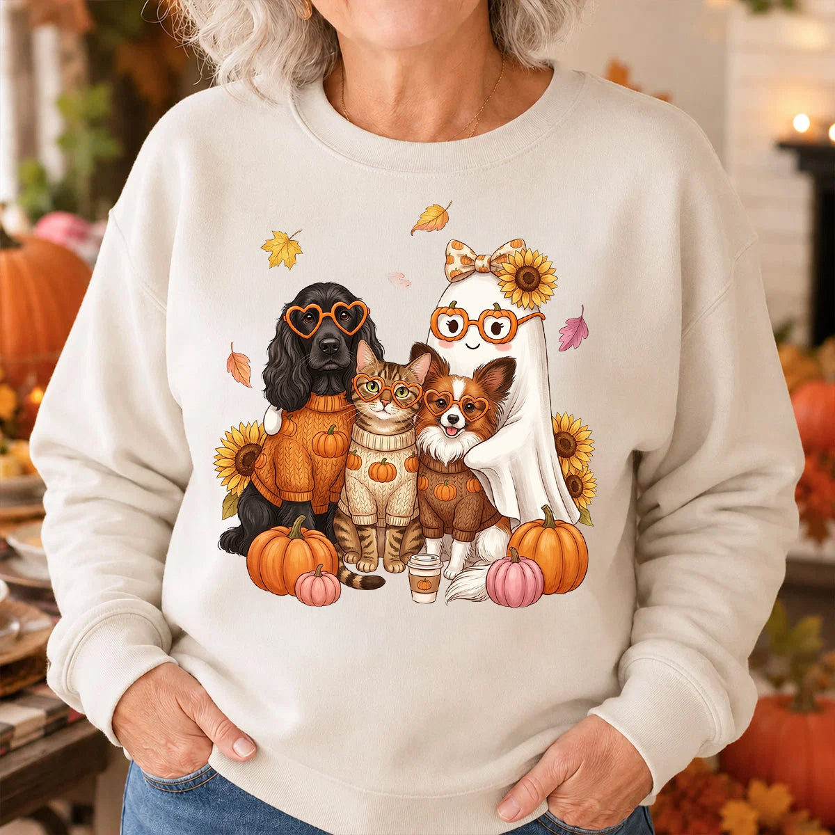 Cute Fall Dog Cat Hugging Ghost - Personalized Shirt - Trendy Fall Tee for Pet Lovers, Dog Mom, Cat Mom