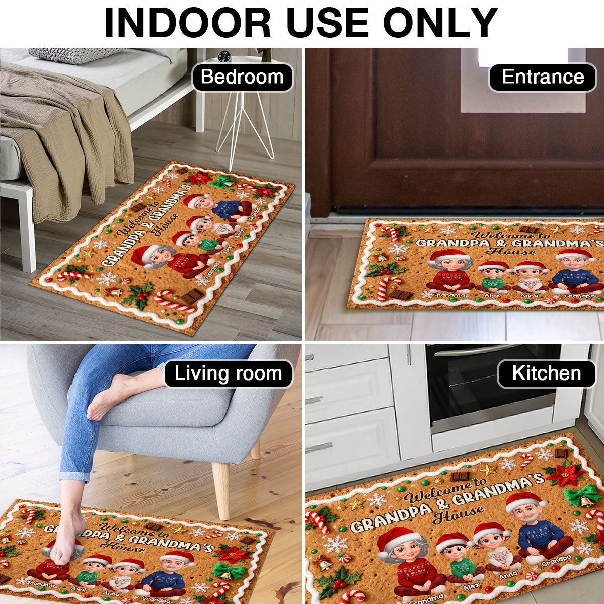 3D Effect Gingerbread Theme Welcome To Grandpa Grandma House Christmas - Personalized Doormat