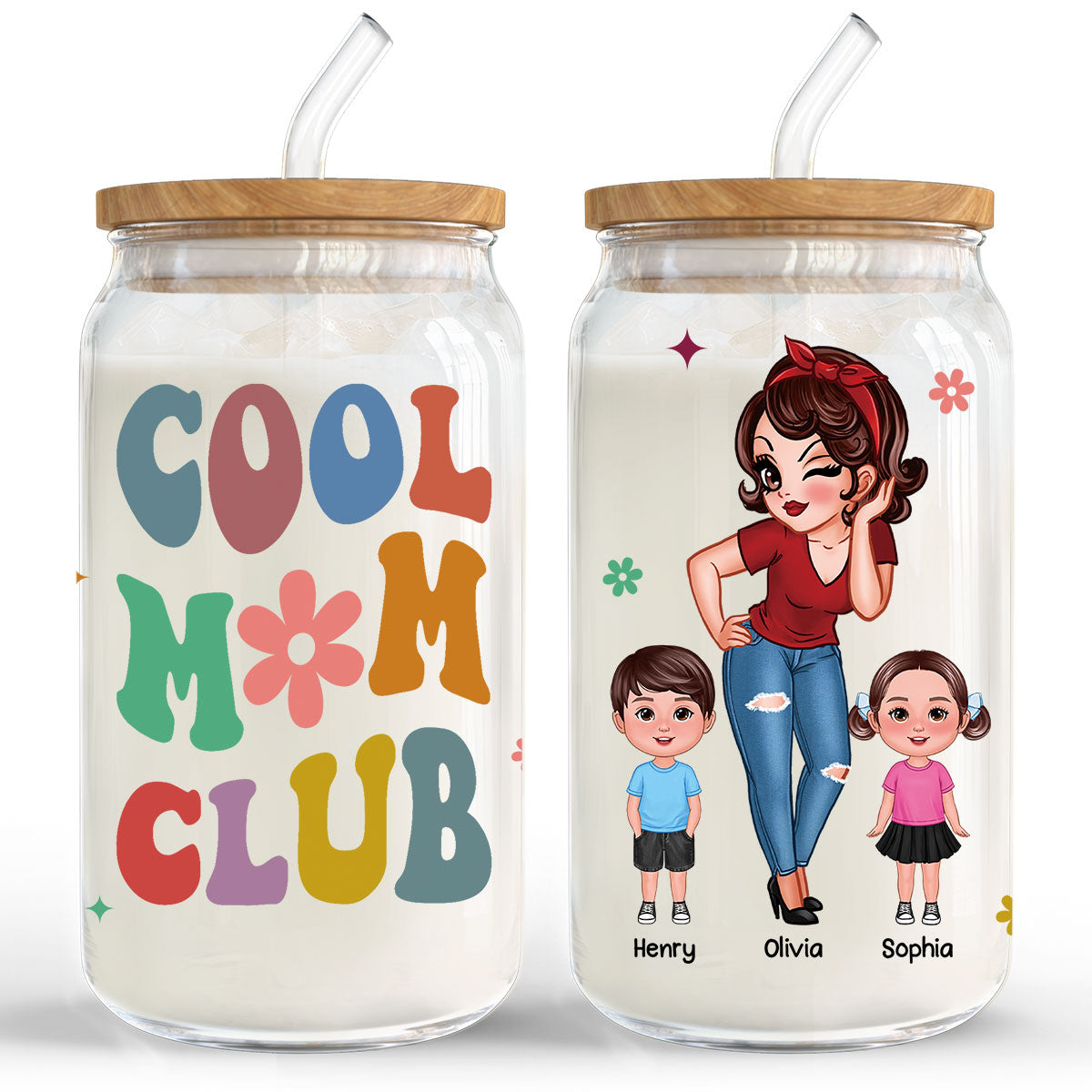Cool Grandma Mom Club Pretty Woman With Kids Personalized Clear Glass Can