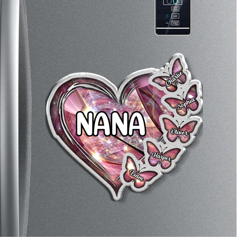 Sparkling Grandma Mom Heart Butterfly Kids Personalized Acrylic Magnet