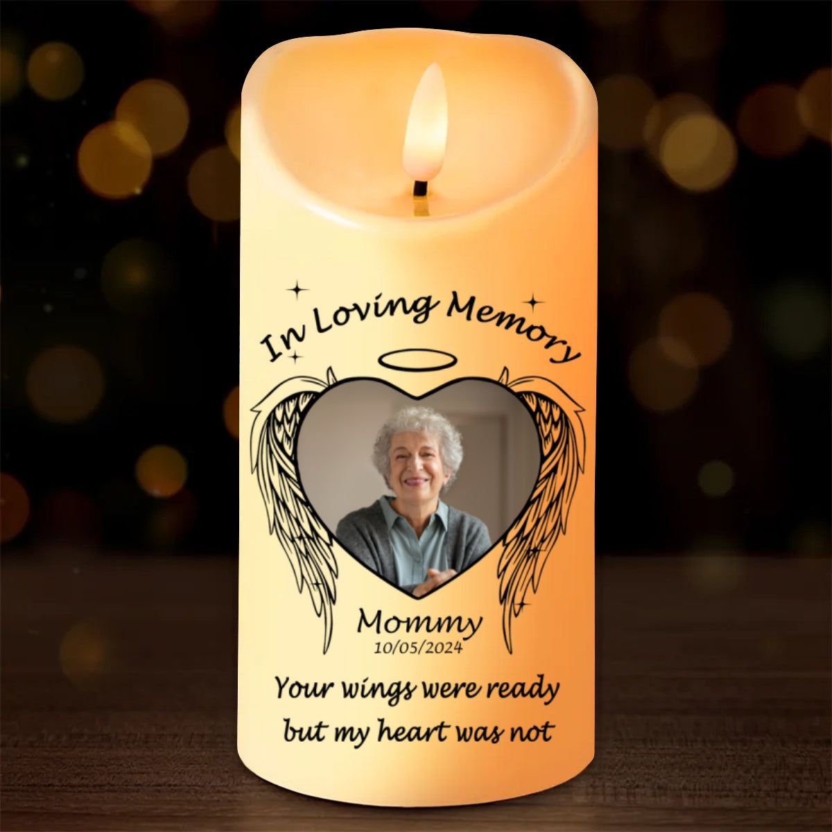 Memorial Angel Wings Personalized LED Candle, Custom Photo Sympathy Gift