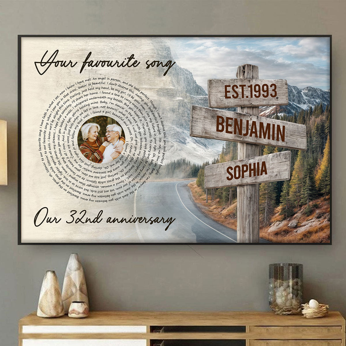 Vintage Signpost Mountain Landscape Song Lyrics Art Personalized Poster, Anniversary Valentine's Gift For Her, For Him