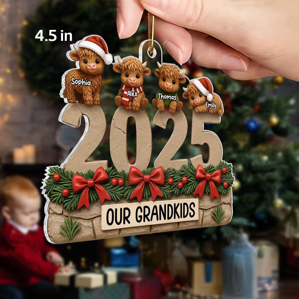 3D Effect Christmas Highland Cows Our Grandkids - Personalized Acrylic Ornament - Gift For Grandparents, Grandkids