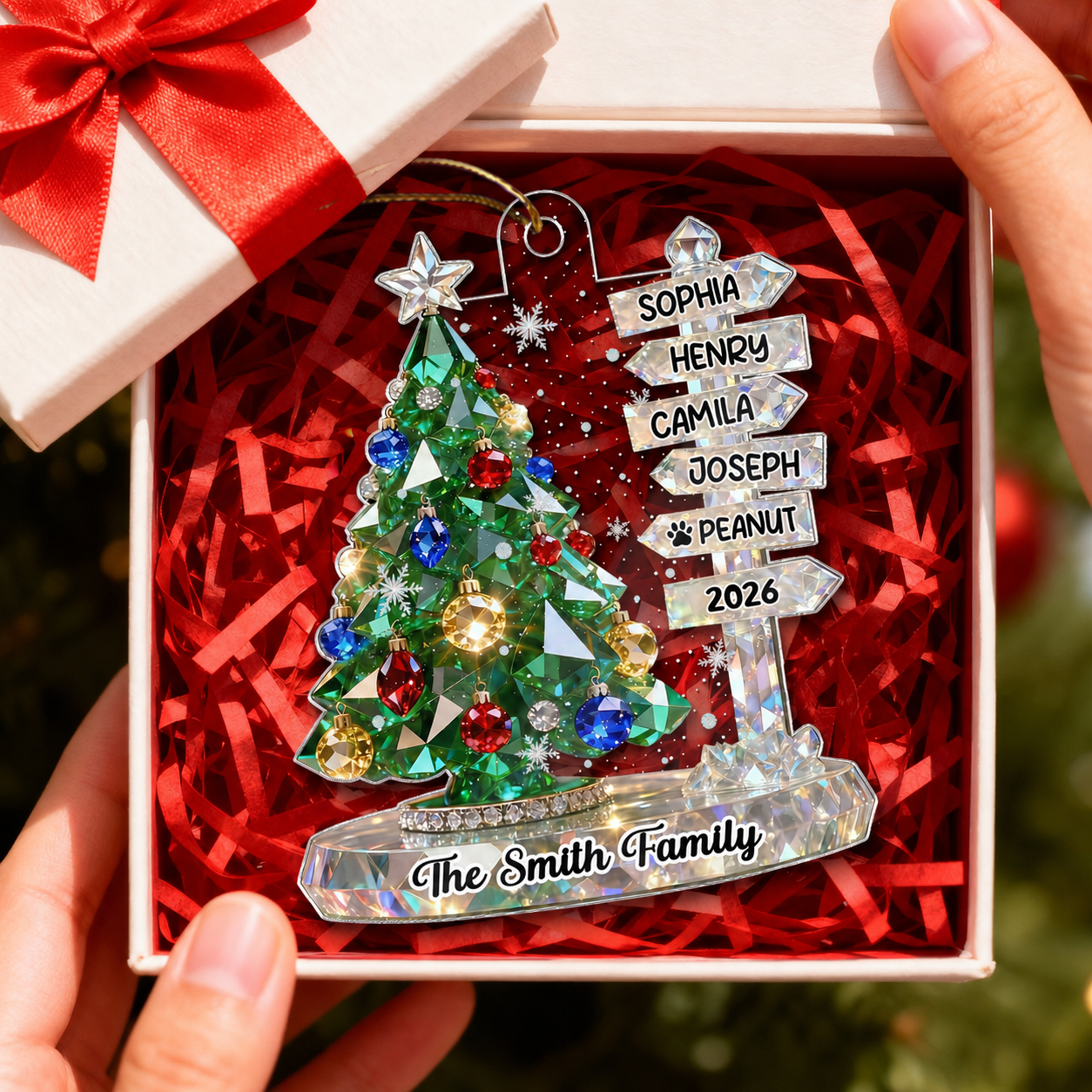 3D Crystal Effect Family Christmas Tree Sign Posts - Personalized Acrylic Ornament - Gift For Family