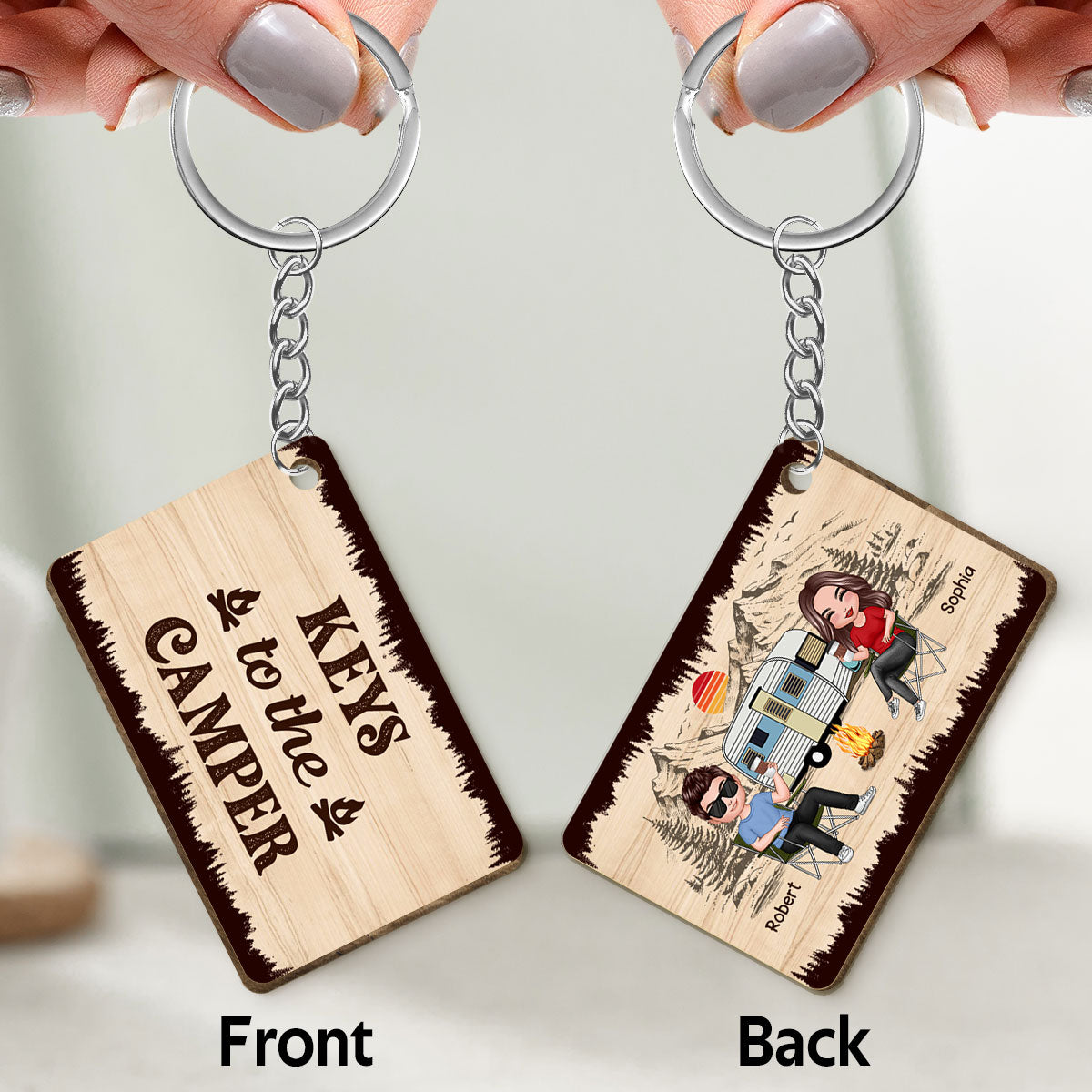 Doll Camping Couple Keys To The Camper Personalized Wooden Keychain