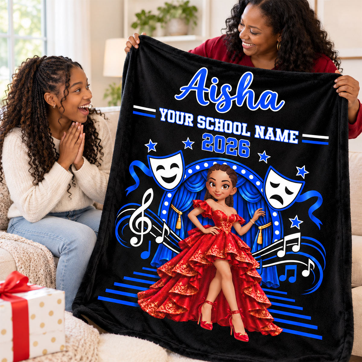 Theater Drama Club Girl Custom Name & School Name - Personalized Fleece Blanket - Graduation Gift For Musical Theater Girls, High School Theater Students, Daughter, Granddaughter