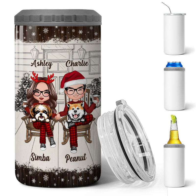 Couple And The Dogs Front Porch Christmas Gift Personalized 4 In 1 Can Cooler