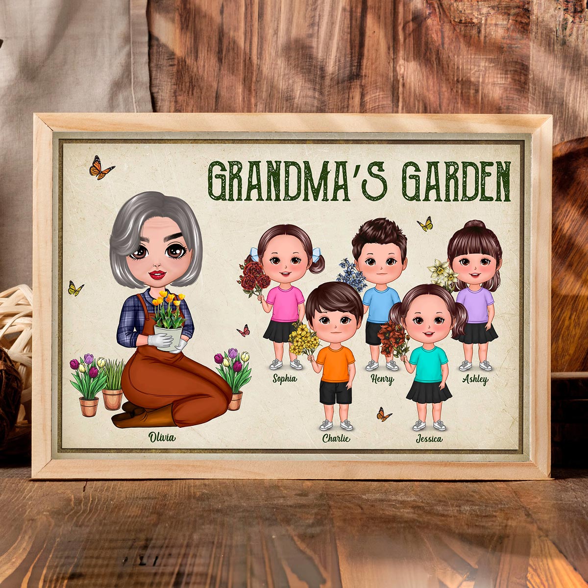 Grandma‘s Garden Doll Woman And Grandkids Birth Flowers Personalized Poster