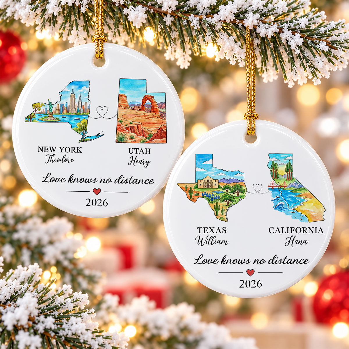 Love Knows No Distance State Map - Personalized Ceramic Ornament - Christmas Gift For Long Distance Couples, Boyfriend, Girlfriend, Husband, Wife