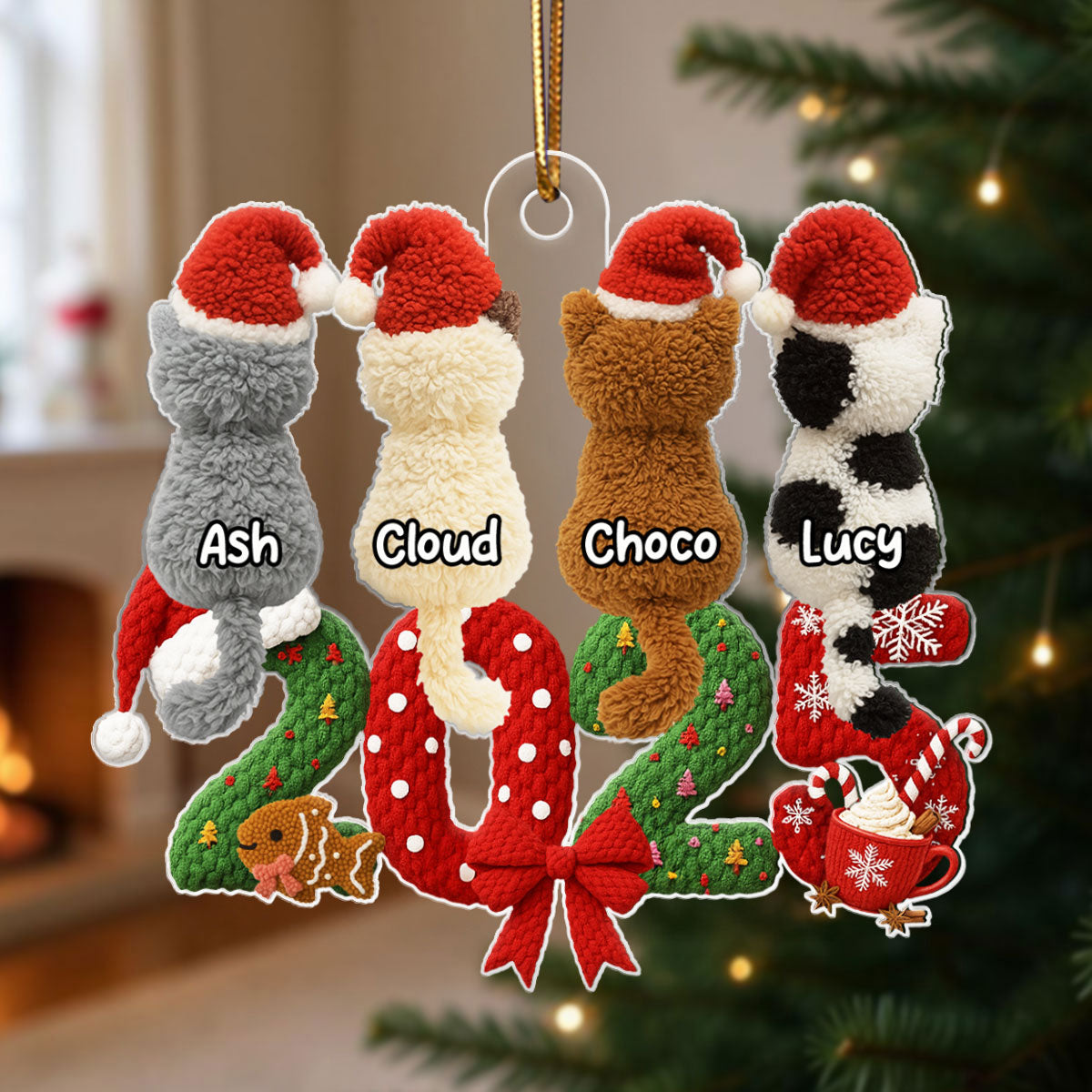 2025 Cat Lovers Latch Hook Yarn Faux - Personalized Acrylic Ornament - Christmas Gift for Cat Moms, Cat Dads