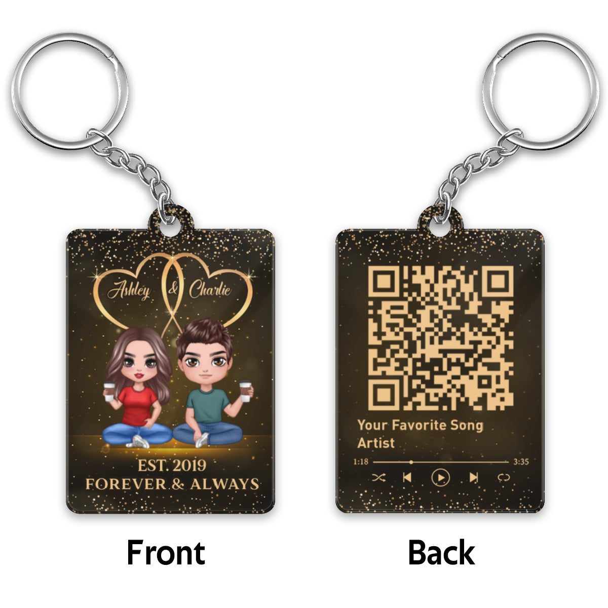 Galaxy Doll Couple Sitting Favorite Song Scannable QR Code Personalized Acrylic Keychain