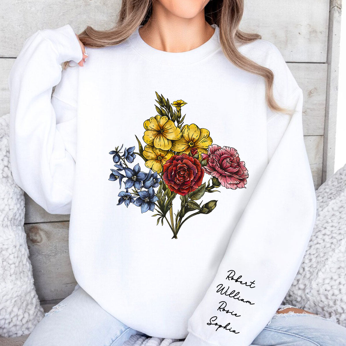 Custom Birth Month Flower Bouquet, Grandma Garden, Gift, Personalized Sleeve Printed Sweatshirt