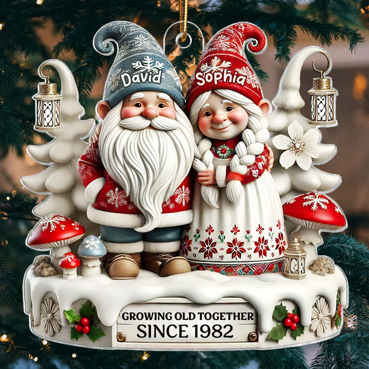 3D Effect Gnome Couple Together Christmas - Personalized Acrylic Ornament - Gift for Him, Gift for Her