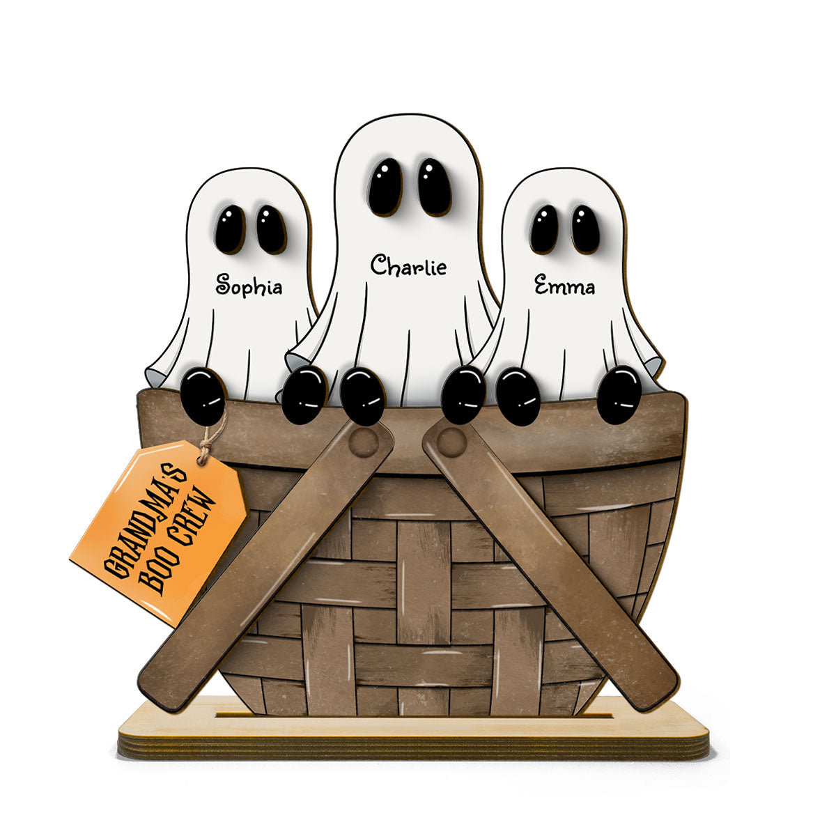 Grandma Family Ghosts For The Flower Basket Personalized 2-Layer Standing Wooden Plaque, Halloween Decor