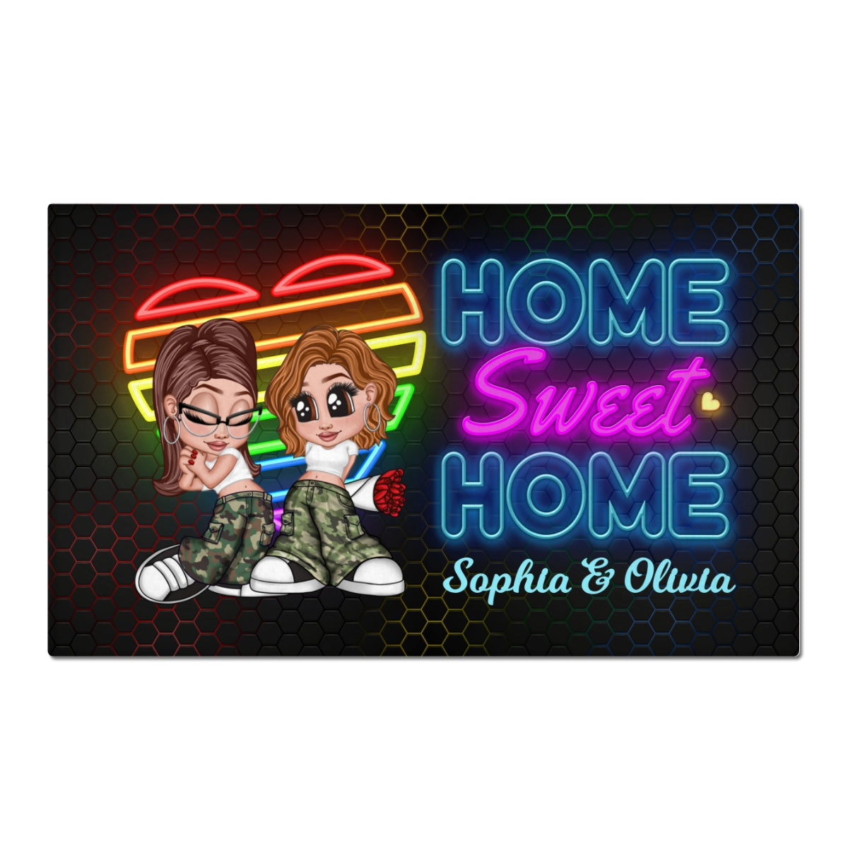 Home Sweet Home Love Wins Y2K Couple Neon Theme Personalized Doormat