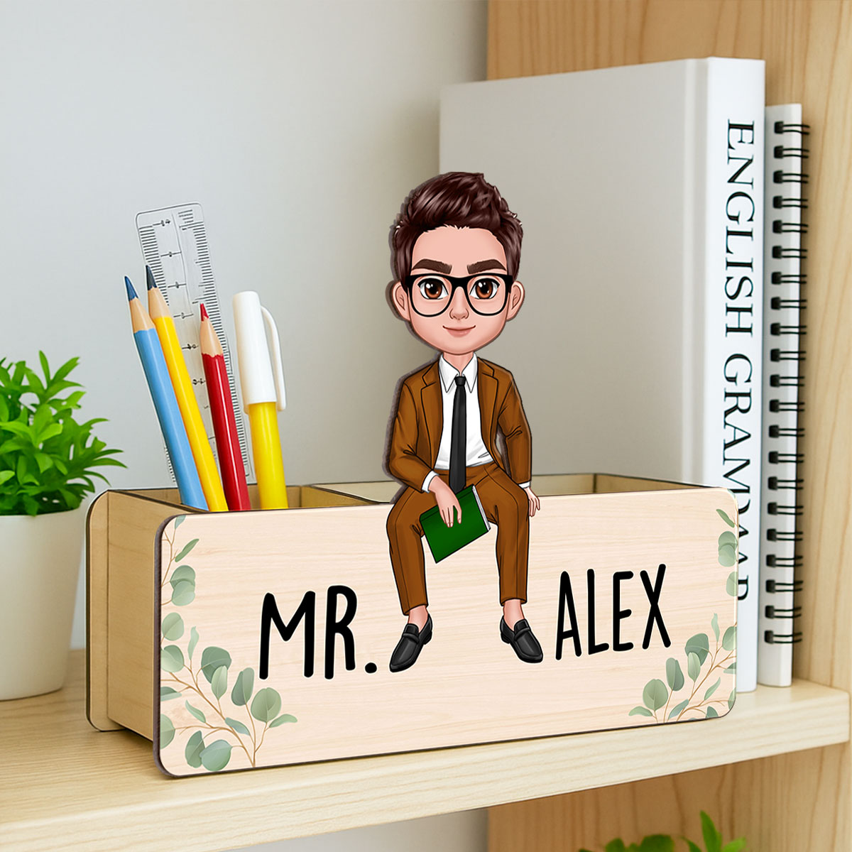 Teacher Daisy Flower Personalized Pencil Holder, 2-Layer Wooden Plaque, Back To School Gift, Classroom Decor