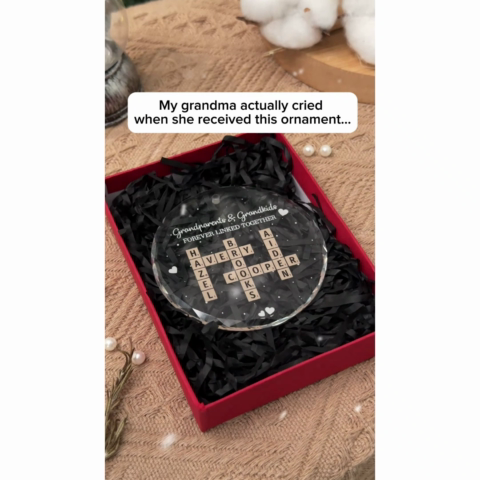 Grandpa Grandma Grandparents And Grandkids Forever Linked Together Crossword Puzzle Art Personalized Glass Ornament