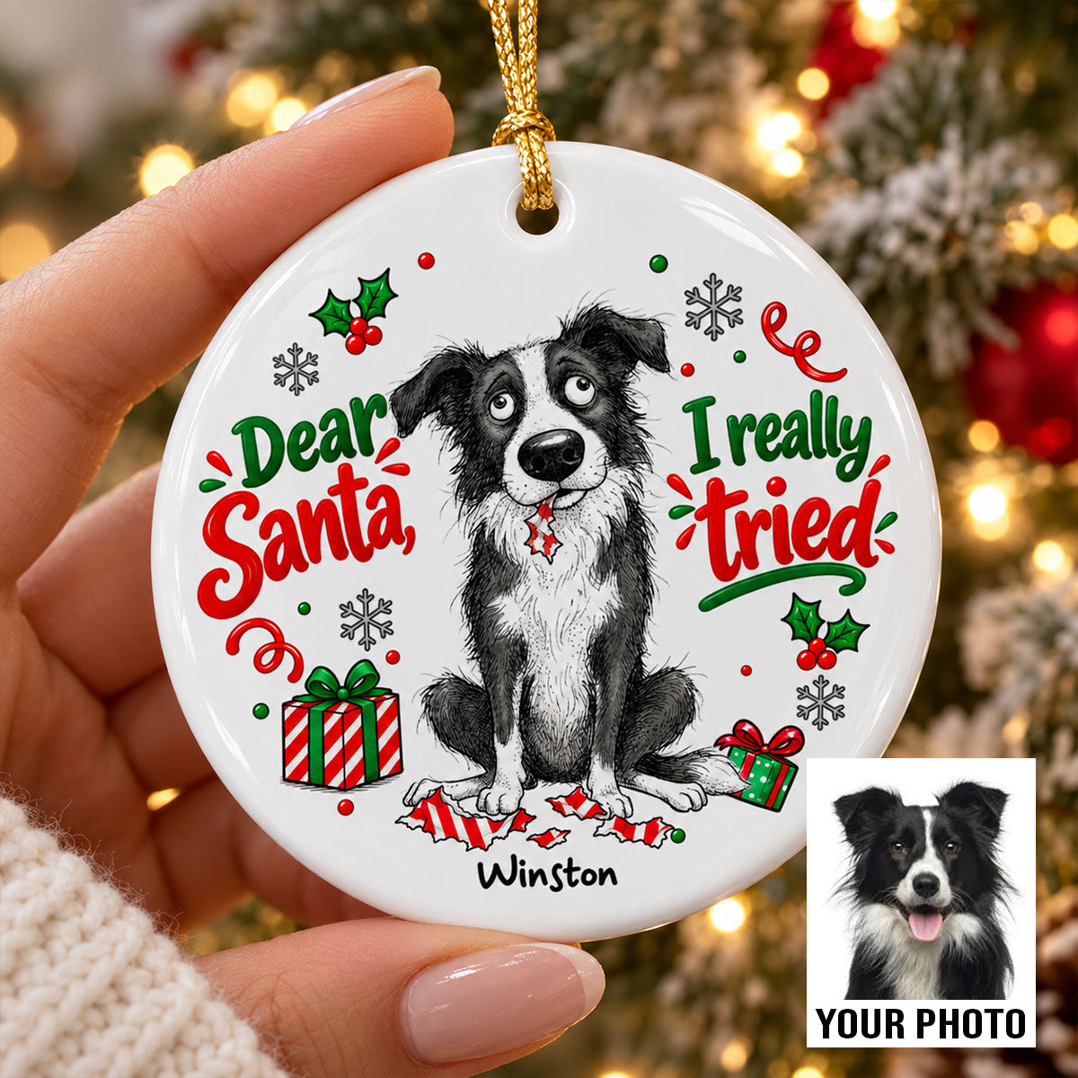 Santa I Can Explain Funny Guilty Dog Portrait From Your Dog Photo - Personalized Ceramic Ornament - Funny Christmas Tree Decor For Dog Lovers