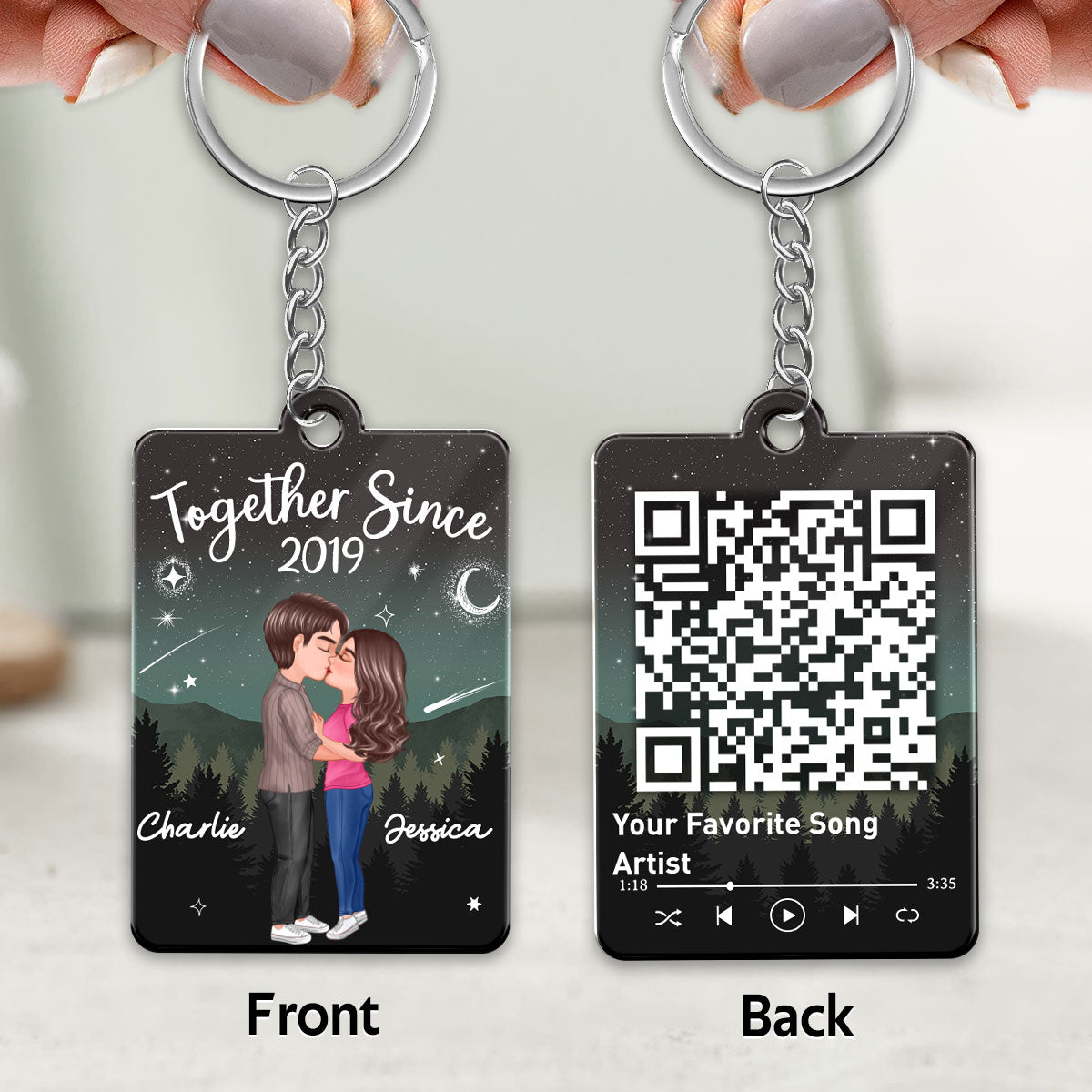 Doll Couple Kissing In Galaxy Night Favorite Song Scannable QR Code Personalized Acrylic Keychain