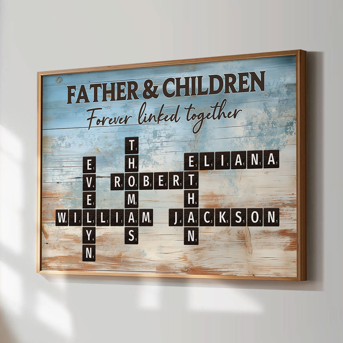 Father & Daughters Sons Forever Linked Together Crossword Puzzle Art Rustic Personalized Poster, Heartfelt Gift For Dad