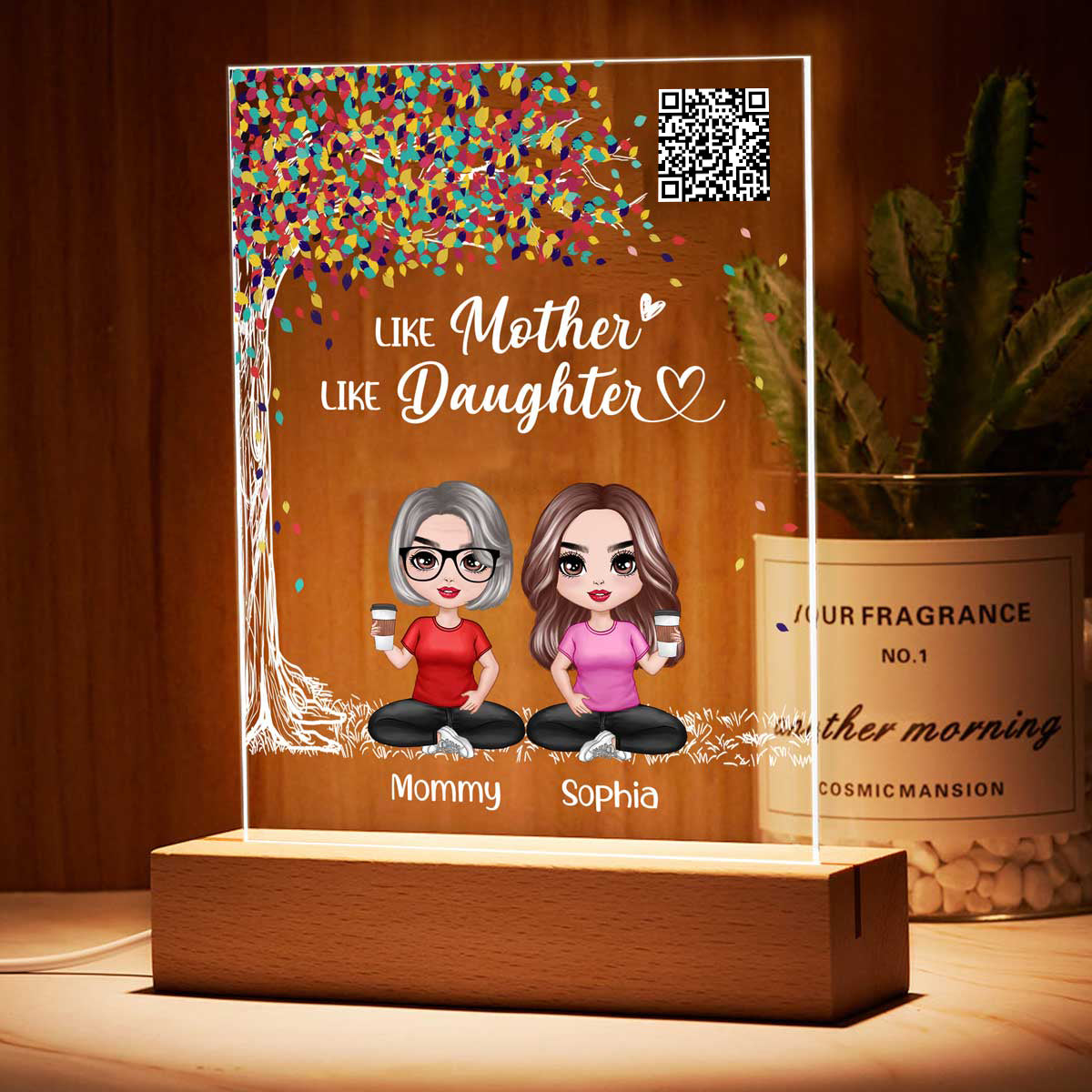Colorful Tree Like Mother Like Daughters Doll Mom And Daughters Sitting Favorite Song Scannable QR Code Personalized Rectangle Acrylic Plaque LED Night Light