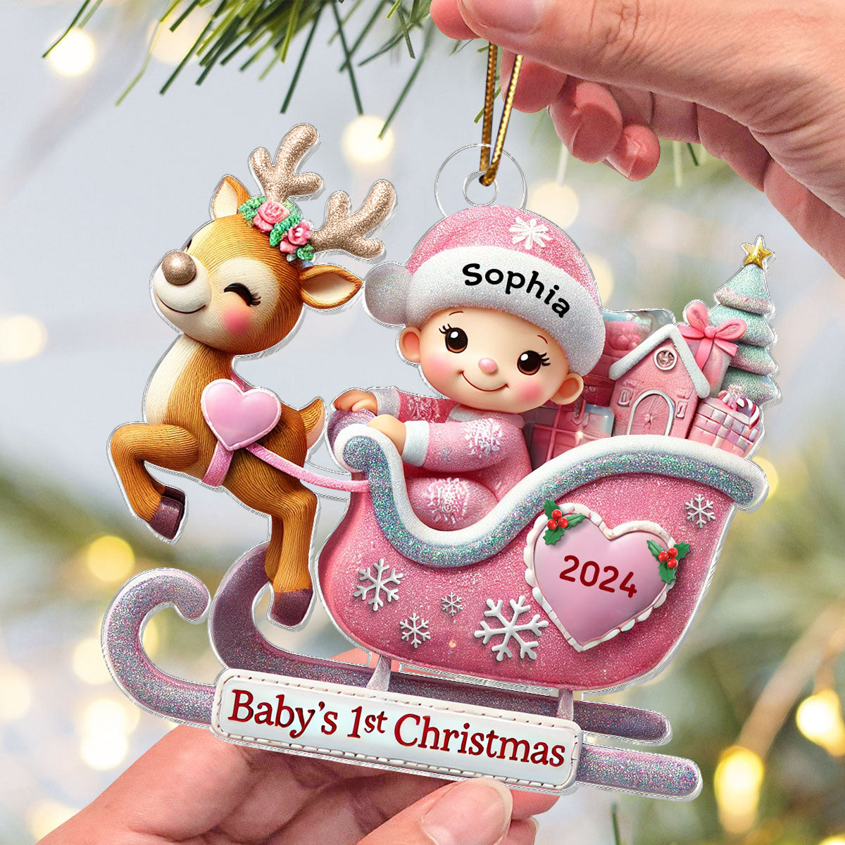 Baby First Christmas Newborn On Sleigh Keepsake - Personalized Acrylic Ornament