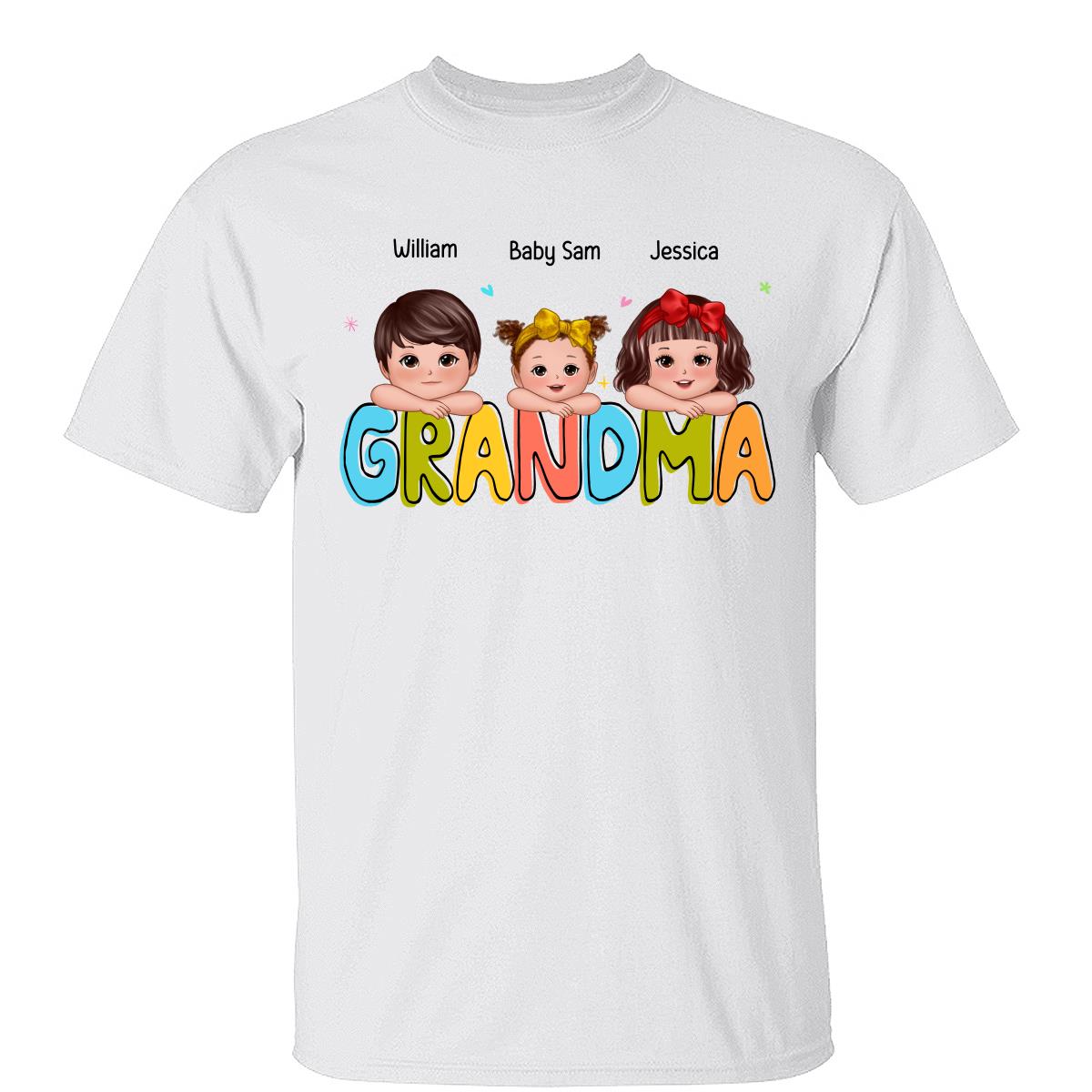 Colorful Grandma With Kids Chin On Hand Personalized Shirt