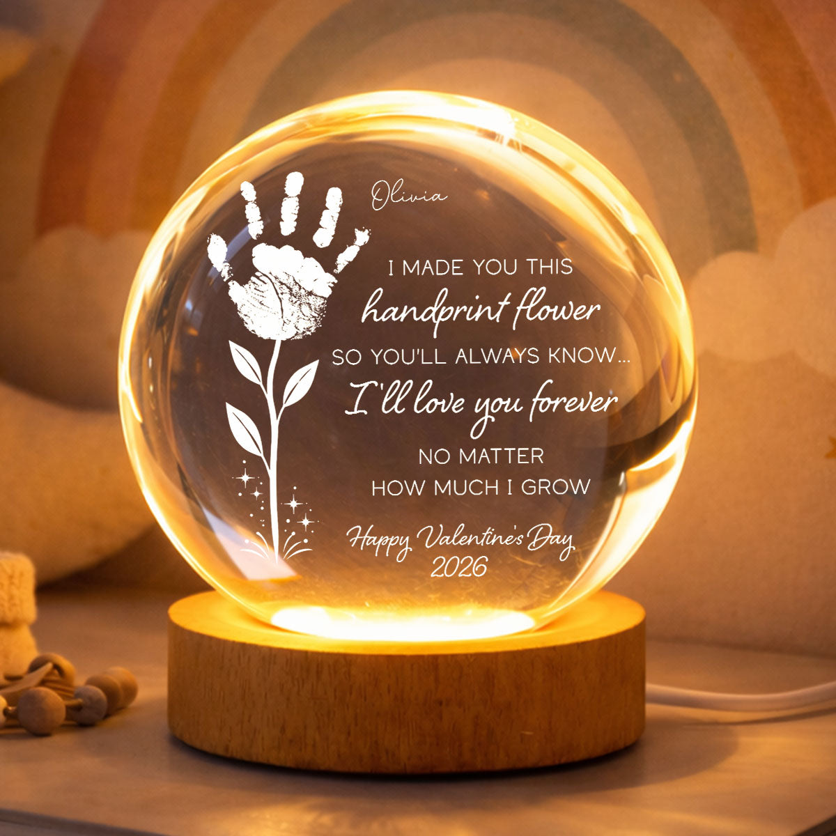 Valentine Day Handprint Art Craft - Personalized Crystal Ball LED Night Light - Anniversary, Valentine's Day Gift, Gift For Him, Gift For Her