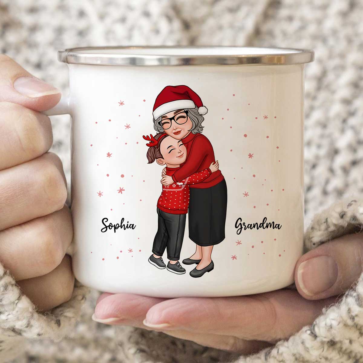 Grandma & Grandkid Hugging Christmas Gift For Granddaughter Grandson Personalized Campfire Enamel Mug