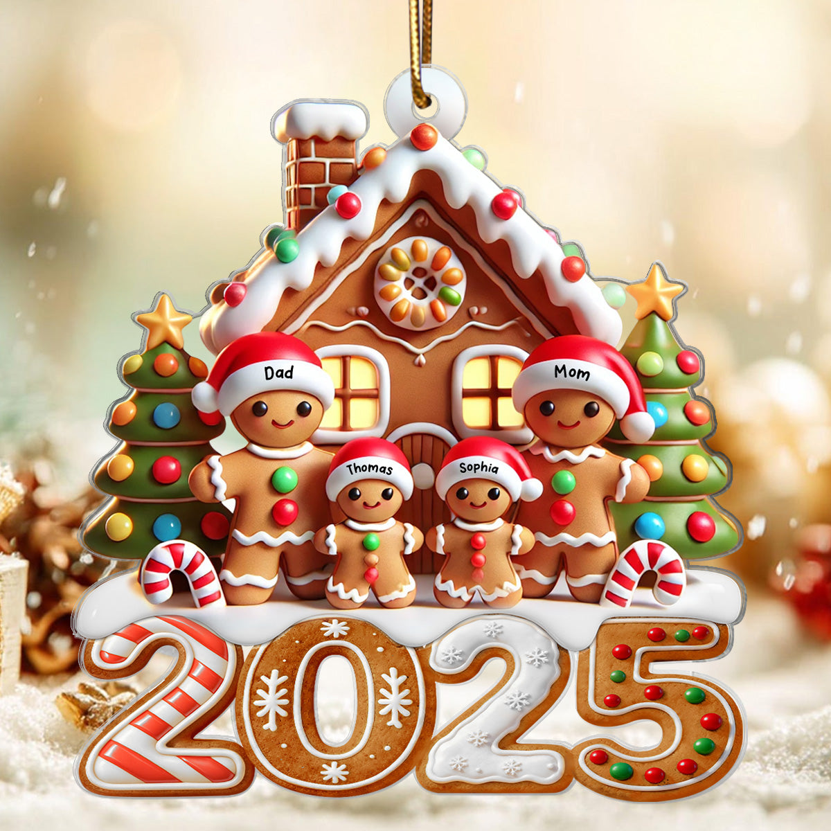 3D Effect 2025 Gingerbread Family With Gingerbread House - Personalized Acrylic Ornament